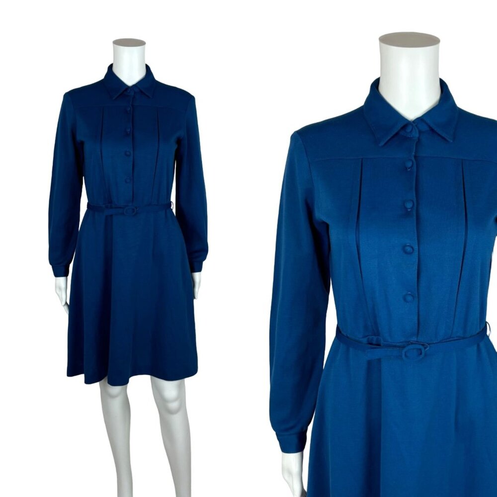 Vintage 80s Blue Shirtdress Women's Small Wool Blend Long Sleeve Belted Dress